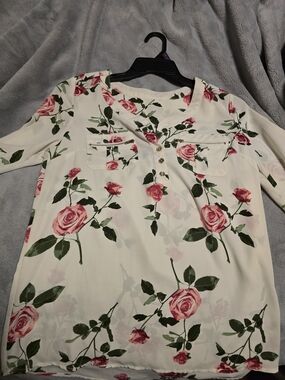 Wishful Park White Floral Blouse with Pink Roses 3/$20